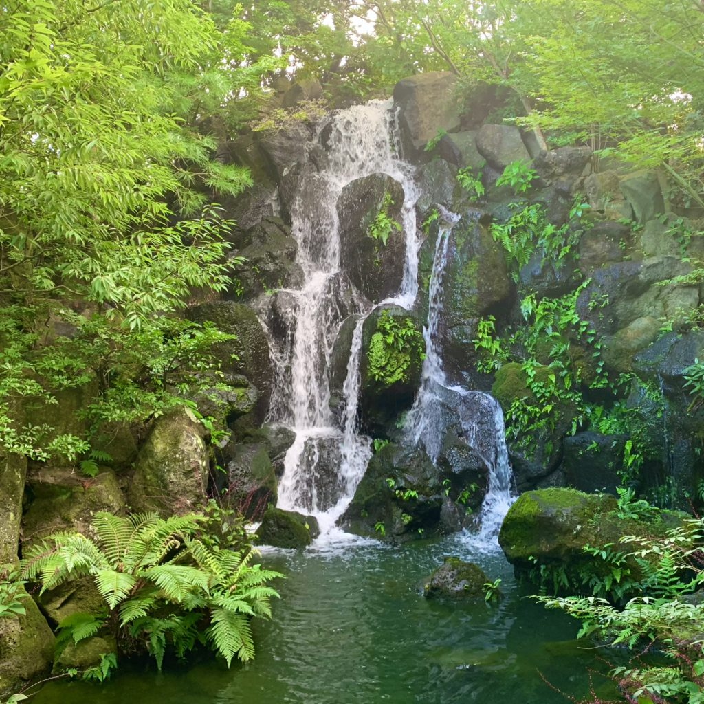 由志園の日本庭園内の滝