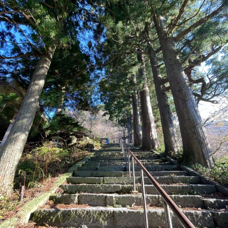 大山寺の自然豊かな参道途中の階段